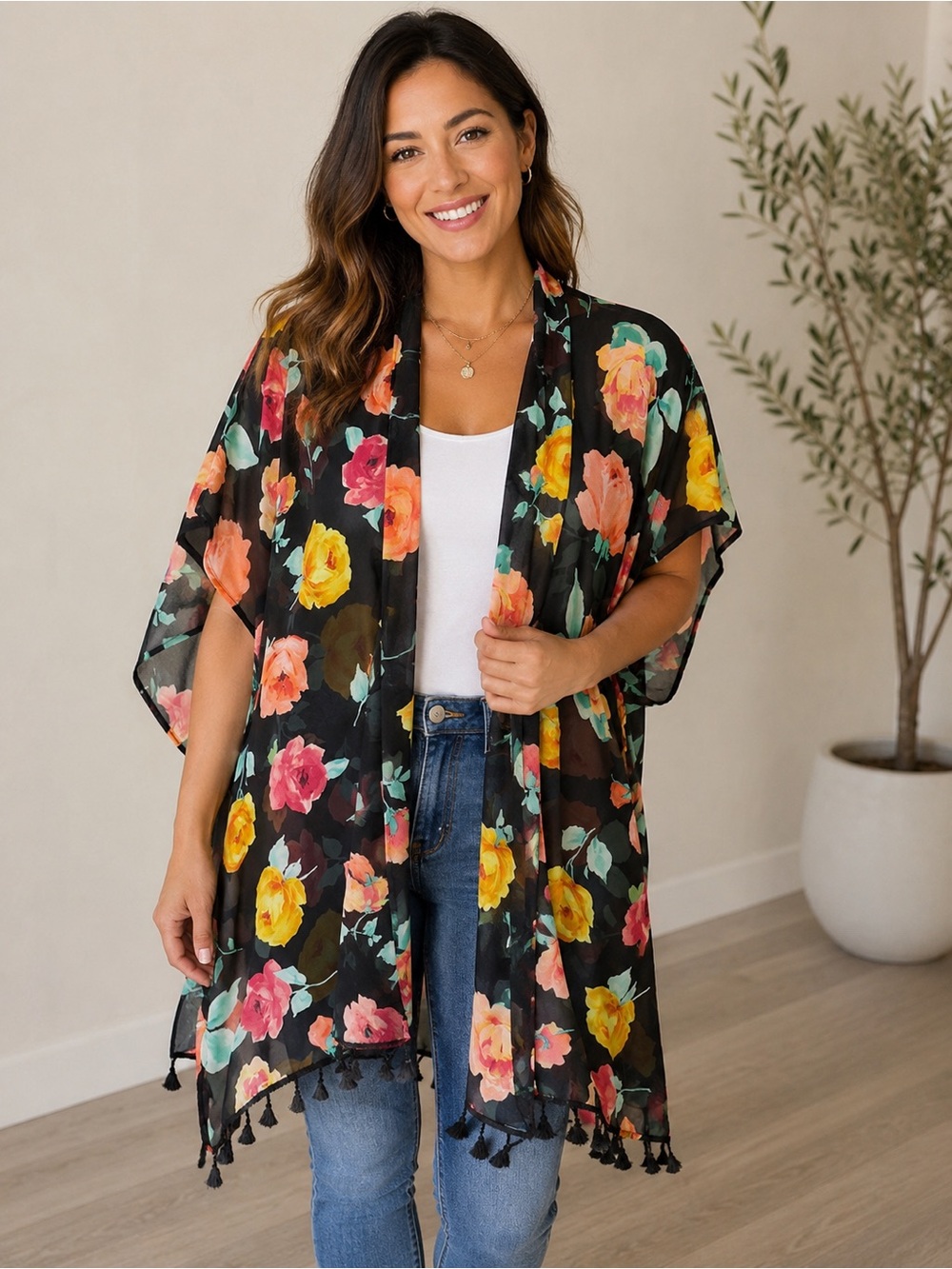 Floral Black Sheer‎ Kimono Tunic - Women's Lightweight Cover-Up OS